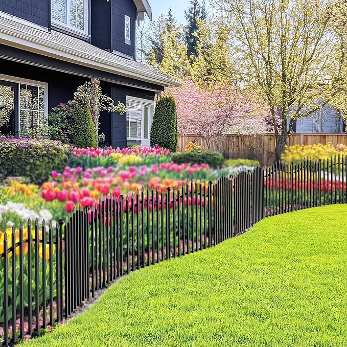 10 Panels No Dig Garden Decorative Fence with Gate - 24in H x 22.5ft L, Heavy-Duty Square Tube Animal Barrier, Rustproof Dog Fence for Outdoor Yard & Patio Protection