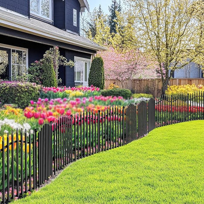 No-Dig Garden Decorative Fence with Gate - 5 Panels 24in H x 11.25ft L, Heavy-Duty Rust-Resistant Metal Dog Fence with Arched Design for Yard, Patio, and Flower Beds - Ideal for Pets and Landscaping