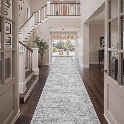 3x16 Washable Runner Rug for Hallway, Non-Slip Long Hallway Runner for Entryway, Soft Vintage Kitchen Mats for Floor, Abstract Dining Room, Bedroom, Living Room Rugs(3'x16', Grey/Ivory)