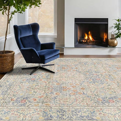Boho Beige Blue Living Room Rug 6x8 - Vintage Retro Floral Paste Neutral, Washable Low Pile Non-Slip Large Area Rugs for Dining Under Table, Bedroom