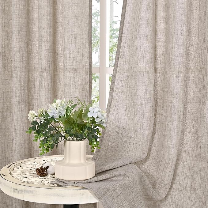 YoungsTex Short Linen Curtains for Kitchen Window with Bronze Grommet, Small Semi Sheer Drapes Light Filtering Natural Rustic for Cafe Bathroom Loft, 2 Panels, 34 x 40 Inch Long