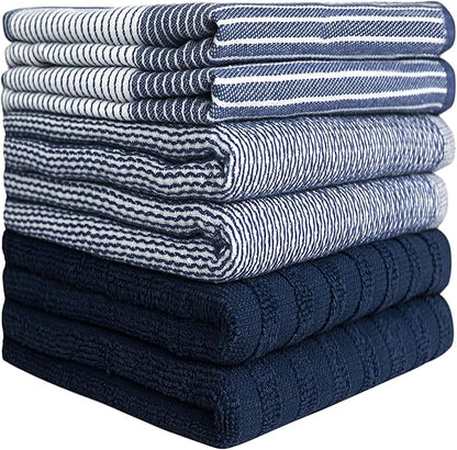 Premium Kitchen Towels (20”x 28”, 6 Pack) | Large Cotton Dish Towels | Flat & Terry Highly Absorbent Kitchen Linen Set with Hanging Loop | Navy Blue