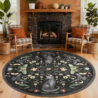 GarveeHome Round Area Rugs 5ft for Bedroom, Cat Black Washable Circle Rug Soft Non Slip Mushroom Floral Floor Mat Carpet Indoor Thin Rug for Bedroom Dining Room Playroom Nursery Gothic Decor