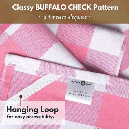 Native Fab Pink Checked Kitchen Towel 16"x26" - 12 Pack Buffalo Plaid Cotton Dish Towels - Absorbent Dishcloth Set, Soft Reusable Towels with Hanging Loop - Pink White