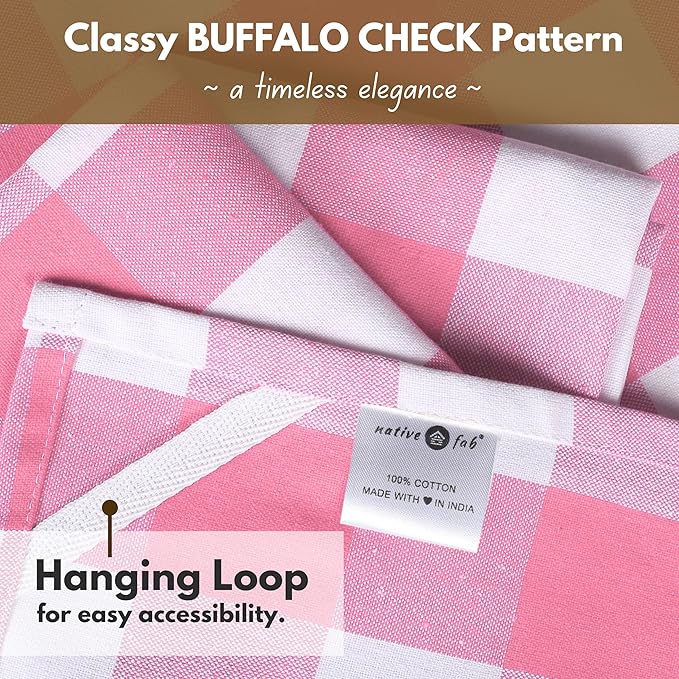 Native Fab Pink Checked Kitchen Towel 16"x26" - 4 Pack Buffalo Plaid Cotton Dish Towels - Absorbent Dishcloth Set, Soft Reusable Towels with Hanging Loop - Pink White
