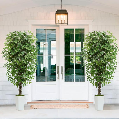 Artificial Ficus Tree 6FT Faux Plants Indoor Tall Fake Plants with White Planter, Green Lifelike Lush Fake Ficus Tree for Home Living Room Bedroom Outdoor Balcony House Office Decor