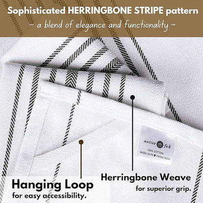 Native Fab Black Stripe Kitchen Towels 12 Pack Herringbone Scandia Weave 16"x26" - Super Absorbent Cotton Dish Towels, Multi Purpose Quick Dry Kitchen Washcloths with Loop - Black White