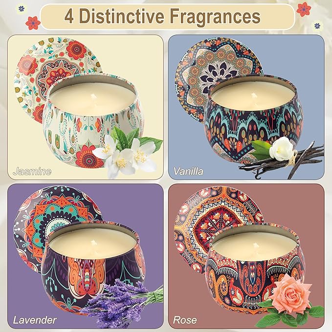Scented Candles Gift Set - Women Candle Natural Soy Wax Aromatherapy Candle Stress Relief Small Gifts 120H Burning Candles 4 Pack 4.4 Oz for Home Christmas Birthday Mum Teacher Mothers Day
