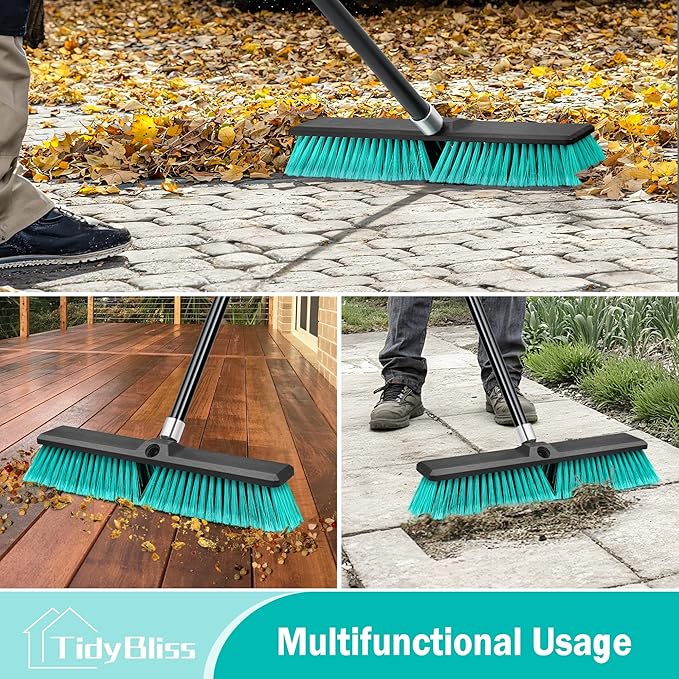 18” Push Broom Outdoor Heavy Duty, Large Commercial Stiff Bristle Brush with 63 inches Long Handle for Garage Shop Garden Yard Patio Deck Street Warehouse Lawn Driveway (Green)
