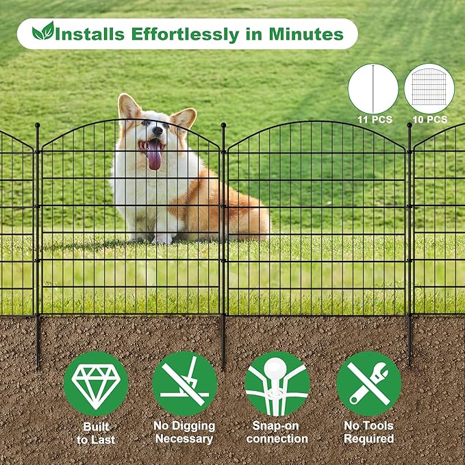32 in(H) x24 Ft(L) No Dig Heavy Duty Metal Fence - 10 Panels Thick Rust-Resistant Decorative Fence Posts for Yard Security, Garden, Lawn, Farm and Poultry (Black)