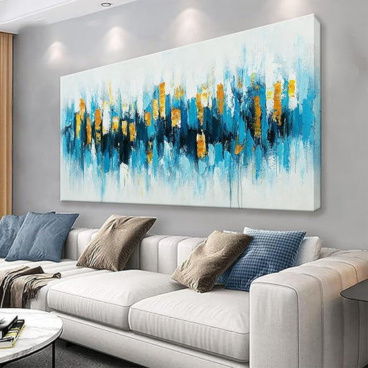Blue Abstract Wall Art Living Room Abstract Painting Wall Decor Modern 24"X 48" Canvas Art Wall Decor Blue Gold Wall Art Canvas Prints Artwork Pictures For Bedroom Kitchen Artwork