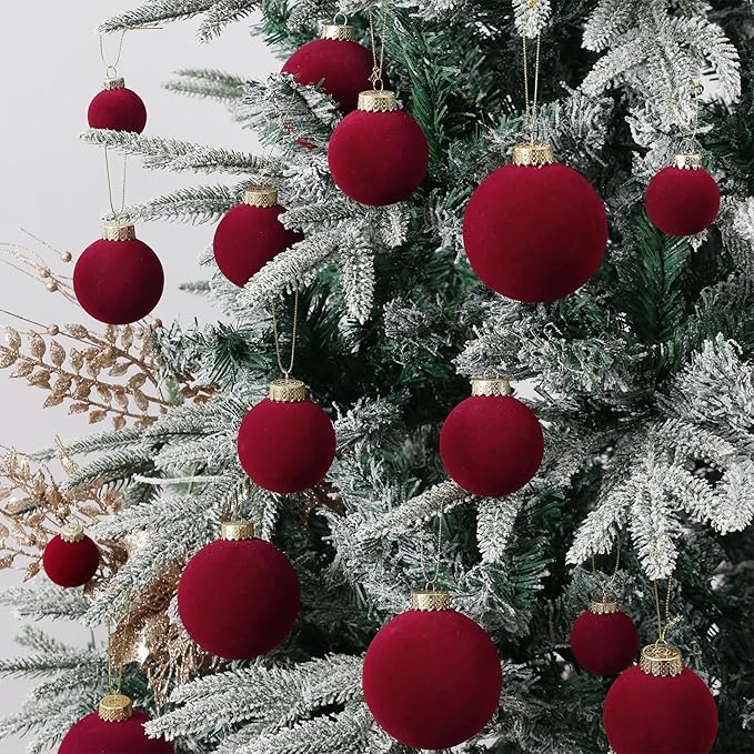 Velvet Christmas Ball Ornaments Set-46pcs Flocked Shatterproof Christmas Tree Decorations Plastic Xmas Decorative Hanging Ornaments for Xmas Holiday Home Decor,3 Sizes(Burgundy)