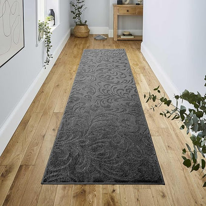 10 Ft Non-Slip Dark Grey Anthracite Hallway Kitchen Runner Rug, 2'7" X 10' Washable Carpet - Rubber Backed, Charcoal Custom Size Floor Mat for Entryway Stairs Bedroom Bathroom Mudroom, Floral