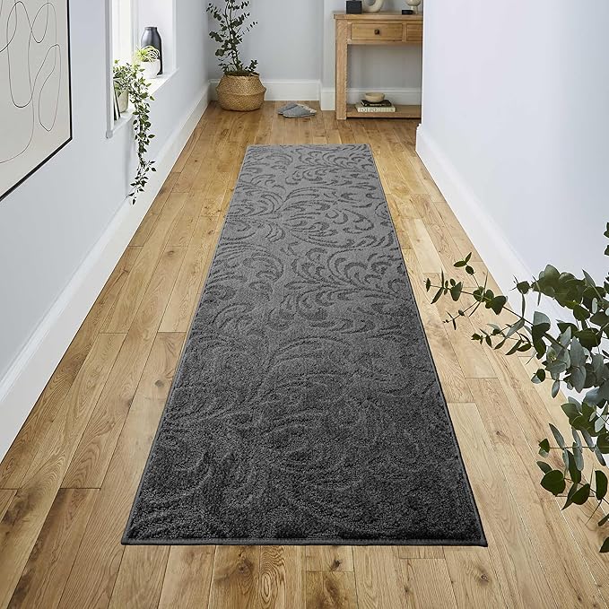 24 Ft Extra Long Non-Slip Dark Grey Anthracite Hallway Kitchen Runner Rug, 2'7" X 24' Washable Carpet - Rubber Backed, Custom Size Floor Mat for Entryway Stairs Bedroom Bathroom Mudroom