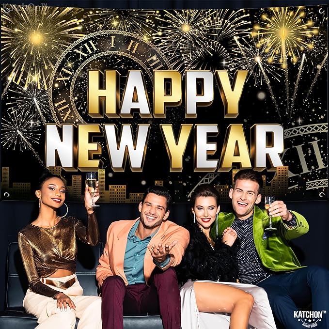 KatchOn, XtraLarge Happy New Year Banner - 72x44 Inch | New Year Backdrop 2026 | New Years Decorations 2026 | NYE Eve Banner For NYE Decorations 2026 | New Years Eve Party Supplies 2026