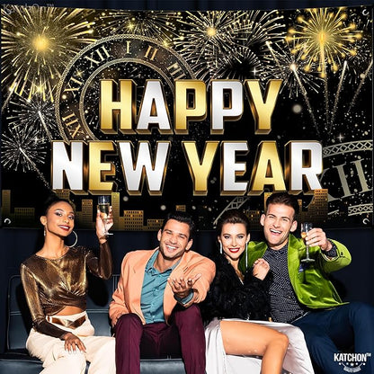 KatchOn, XtraLarge Happy New Year Banner - 72x44 Inch | New Year Backdrop 2026 | New Years Decorations 2026 | NYE Eve Banner For NYE Decorations 2026 | New Years Eve Party Supplies 2026