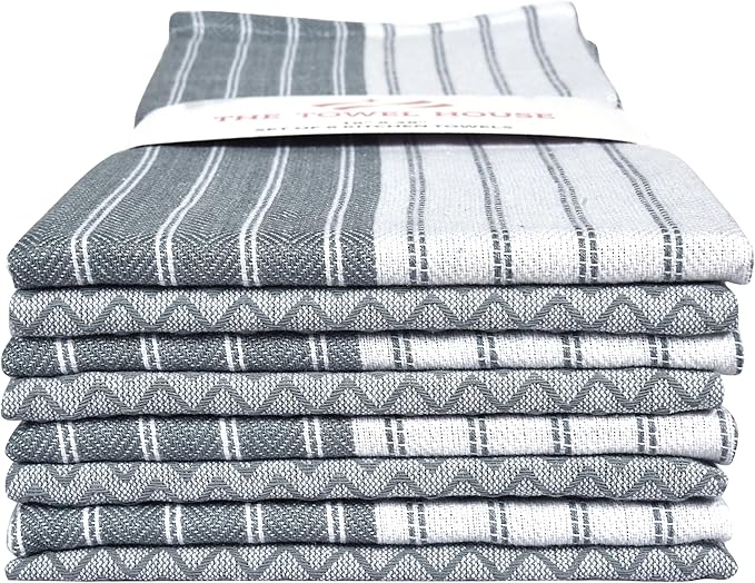 Premium Cotton Weave Kitchen Towels Set – Ultra Absorbent, Quick-Dry Dish Towels with Hanging Loop – Extra Large 18x28 Inches – Grey (Pack of 8)