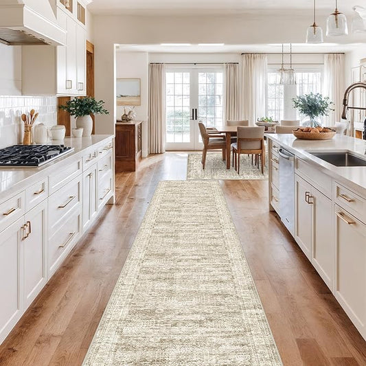 Washable Runner Rug 2.5x12, Non-Slip Long Bathroom Rugs Runner for Kitchen, Living Room, Bedroom, Soft Vintage Washable Rug for Entryway, Thin Floor Mat for Dining Room(2.5'x12', Brown/Ivory)