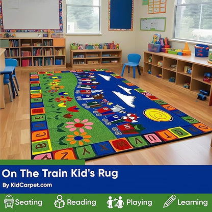 On The Train Kid's Rug, 7'6" x 12', Multicolored, Educational Classroom Rug, Kids Learning Play Mat | Area Rug for Bedroom or Playroom
