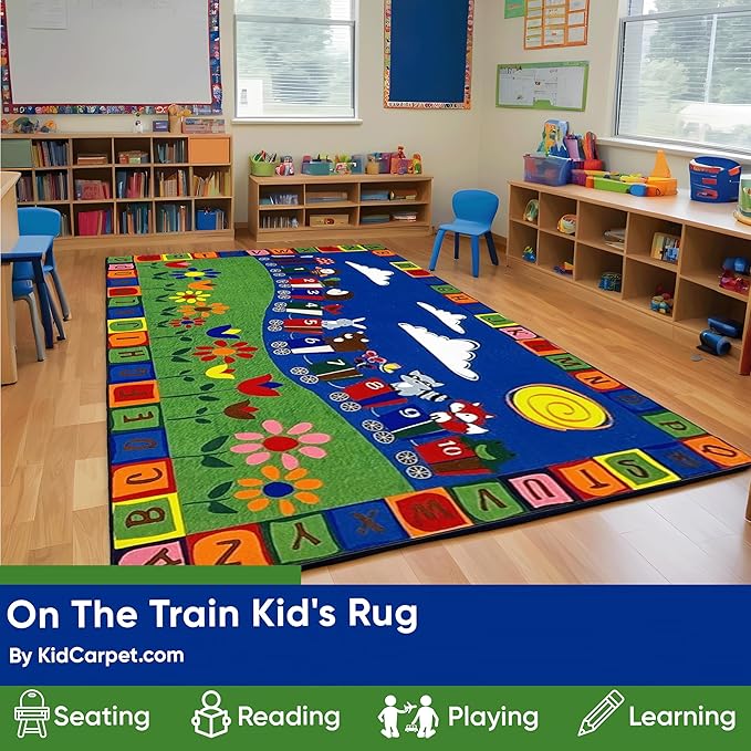 On The Train Kid's Rug 6' x 8'6", Multicolored Rectangle Kid Educational Learning Rug for School, Classroom, Learning Numbers & Alphabets for Kids Playroom
