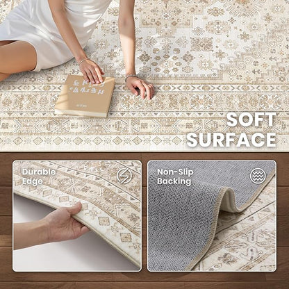 zesthome 5x8 Area Rugs - Ultra-Thin Washble Rug, Stain Resistant Anti Slip Backing Rugs for Living Room,Bedroom, Vintage Home Decor Area Rug(Cream/Beige,5'x8')