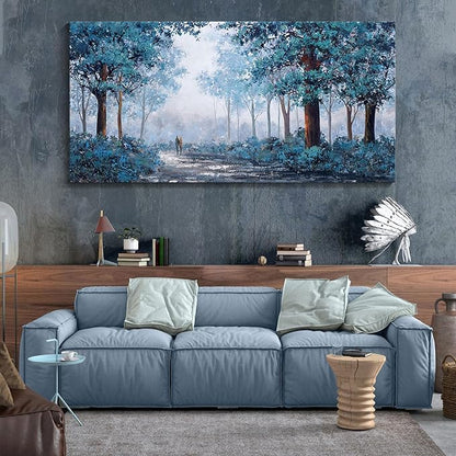 KLAKLA Prussian Blue Wall Art - Vibrant Color Matching - Multi-layered Paint Overlay Effect & 24x48 inch Blue Leaves Plant Forest Picture Artwork Living Room Wall Decor