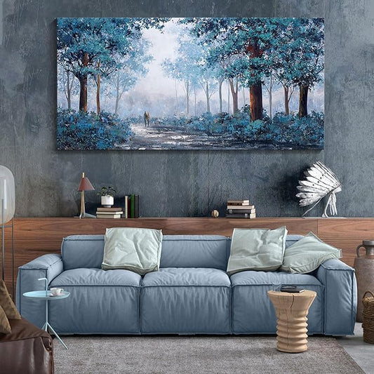 KLAKLA Prussian Blue Wall Art - Vibrant Color Matching - Multi-layered Paint Overlay Effect & 24x48 inch Blue Leaves Plant Forest Picture Artwork Living Room Wall Decor
