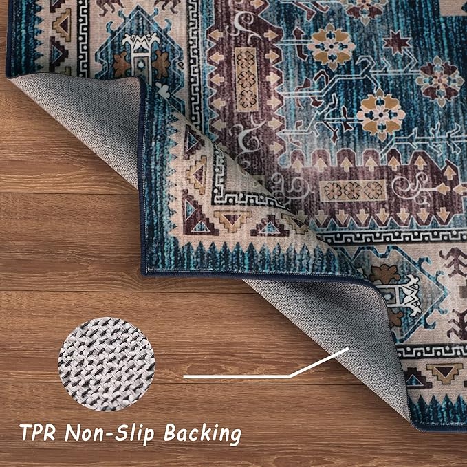 vivorug Blue Runner Rug 2'x8' Vintage Washable Non-Slip Runners for Hallways Kitchen Entryway Laundry Room Carpet Hallway Runner