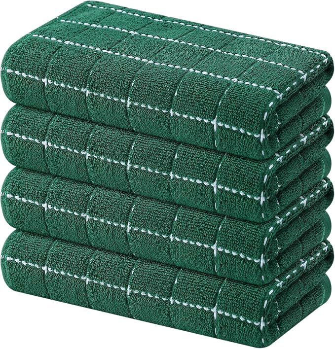 Mordimy 100% Cotton Terry Cloth Kitchen Towels, Super Soft and Absorbent Dish Towels for Drying, Checkered Designed Hand Towels for Kitchen, 16 x 26 Inches, 4 Pack, Dark Green