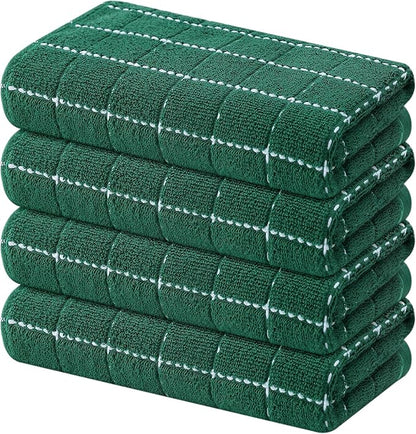 Mordimy 100% Cotton Terry Cloth Kitchen Towels, Super Soft and Absorbent Dish Towels for Drying, Checkered Designed Hand Towels for Kitchen, 16 x 26 Inches, 4 Pack, Dark Green