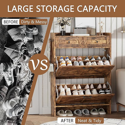Shoe Cabinet with 2 Flip Drawers & 2 Top Drawers, 43" Tall Freestanding Narrow Wooden Shoe Storage Organizer for Entryway, Hidden Slim Shoe Rack for Front Door Entrance, Hallway, Living Room, Brown