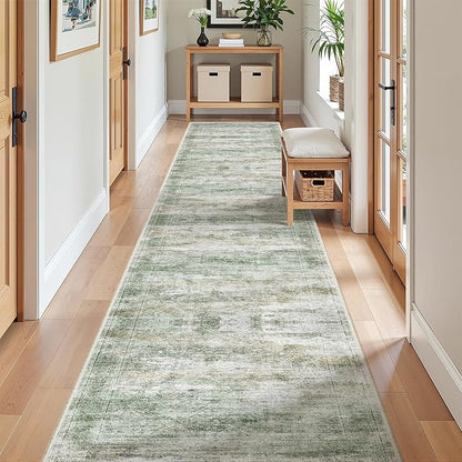 Long Hallway Runner Rug- Carpet Runners for Hallway 12ft, Anti Slip Backing Washable Rug Runner for Entrance, Living Room, Soft Low Pile Mordern Rug Runner(2'x12', Green/Yellow/Ivory)