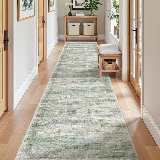 Long Hallway Runner Rug- Carpet Runners for Hallway 12ft, Anti Slip Backing Washable Rug Runner for Entrance, Living Room, Soft Low Pile Mordern Rug Runner(2'x12', Green/Yellow/Ivory)