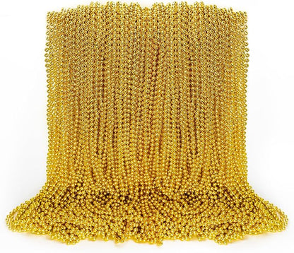 100PCS Bead Necklace, Gold Mardi Gras Beads Party Stuff, 33" Mardi Gras Christmas Beads Toy Costume, Festival Parade Throw Accessories for Wedding Birthday Pirate Party Baby Shower Supplies Decor