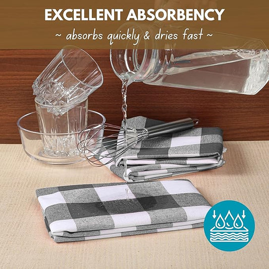 Native Fab 12-Pack Kitchen Towel with Hanging Loop 16x26 inches, Cotton Buffalo Check Kitchen Towels for Cleaning Drying, Washcloths Soft & Absorbent Cloth Rags, Bar Towel, Dish Cloth, Grey