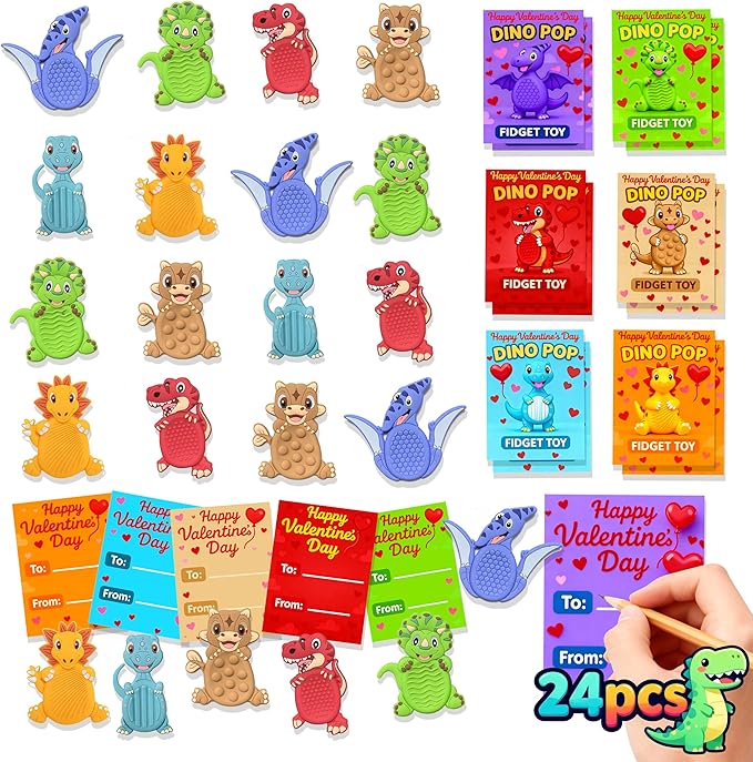 24Pack Valentine's Day Gifts for Kids School Classroom, Valentines Day Cards for Kids School Classroom, Valentine's Day Dinosaur Sensory Stone for Autistic Kid, Valentine Party Favors for Boy Girls