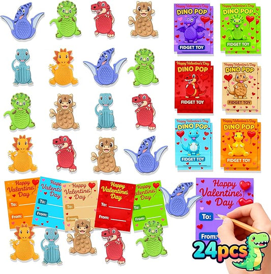 24Pack Valentine's Day Gifts for Kids School Classroom, Valentines Day Cards for Kids School Classroom, Valentine's Day Dinosaur Sensory Stone for Autistic Kid, Valentine Party Favors for Boy Girls