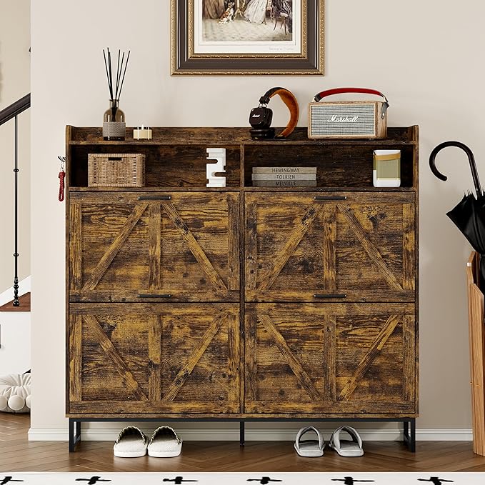 Shoe Cabinet with 4 Flip Drawers Narrow Shoe Storage Cabinet Organizer Wooden Freestanding Shoe Rack Hidden Slim Shoes Storage Cabinet for Entryway, Hallway, Living Room, Bedroom