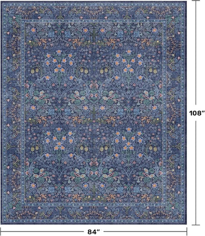 Washable Dining Room Rugs for Under Table - 7x9 Dark Blue Oriental Area Rug for Living Room, Low Pile Non-Slip Floor Carpet for Bedroom Under Bed - Vintage Design & Stain Resistance (7x9 Dark Blue)
