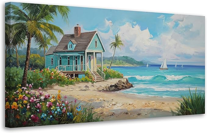 Anolyfi Tropical Canvas Wall Art for Living Room, Palm Tree Nature Coastal Seascape Painting Wall Decor Textured Artwork for Bedroom Hallway Kitchen Office Home Decor 40"x20"