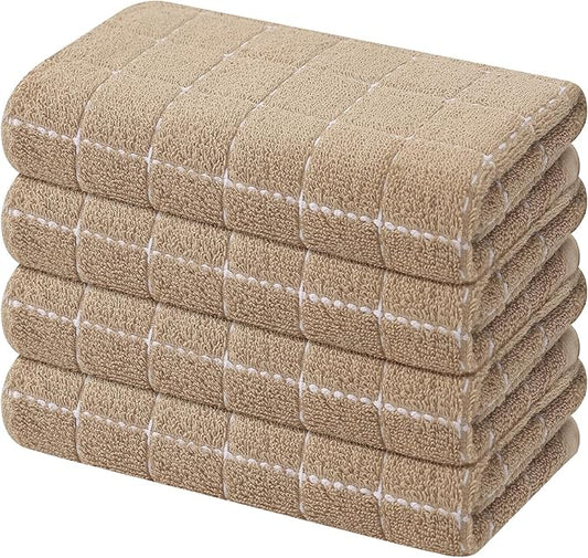 Mordimy 100% Cotton Terry Cloth Kitchen Towels, Super Soft and Absorbent Dish Towels for Drying, Checkered Designed Hand Towels for Kitchen, 16 x 26 Inches, 4 Pack, Tan