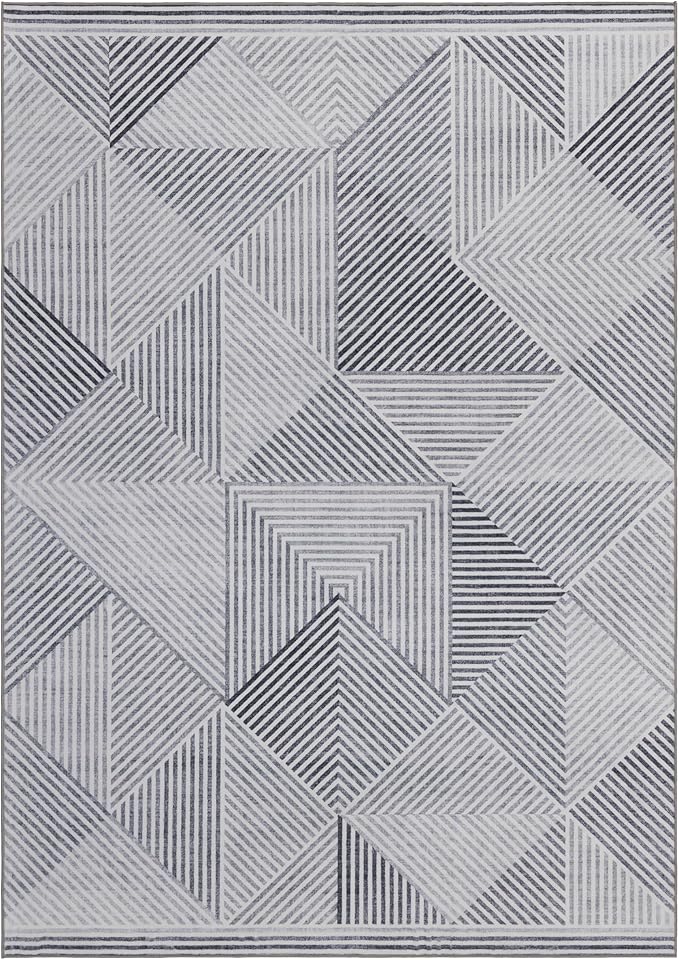 ReaLife Rugs Machine Washable Area Rug Runner - Living Room Bedroom Bathroom Kitchen Entryway Office - Padded Low Pile Stain Resistant Premium - Modern Geometric Contemporary - Miles - Gray 3' x 5'