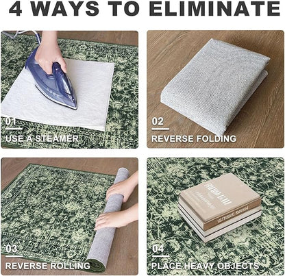KILOCOCO Area Rug 3x5 Entryway Rug Washable Printed Vintage Floral Rubber Backed Non Slip Indoor Kitchen Rugs for Living Room Laundry Room Playroom Mudroom Moroccan Area Rugs, Green