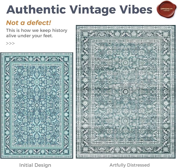 OPPODREAM Thin Vintage Teal 2x8 Runner Rug, 2 x 8 Retro Washable Rug Non Slip, Low-Pile Faux Wool Carpet, Distressed Floor Mat for Kitchen, Hallway, Entry-Way, Entrance, Indoor Back Door