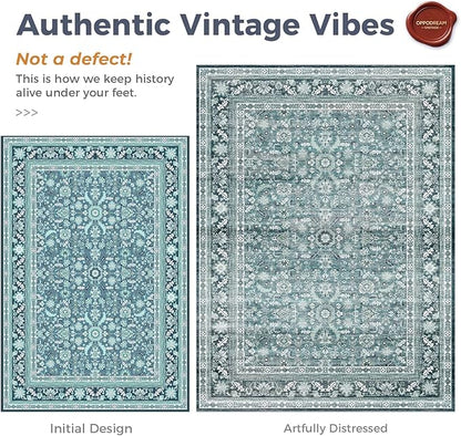 OPPODREAM Thin Vintage Teal 2x8 Runner Rug, 2 x 8 Retro Washable Rug Non Slip, Low-Pile Faux Wool Carpet, Distressed Floor Mat for Kitchen, Hallway, Entry-Way, Entrance, Indoor Back Door