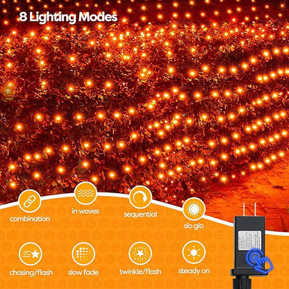 WBao Halloween Lights Outdoor 360LED 11.5ft x 6.9ft Halloween Net Lights with 8 Modes, Timer, Connectable, Waterproof & Dark Green Wire for Lawn, Bushes, Shrubs Outdoor Holiday Decorations, Orange