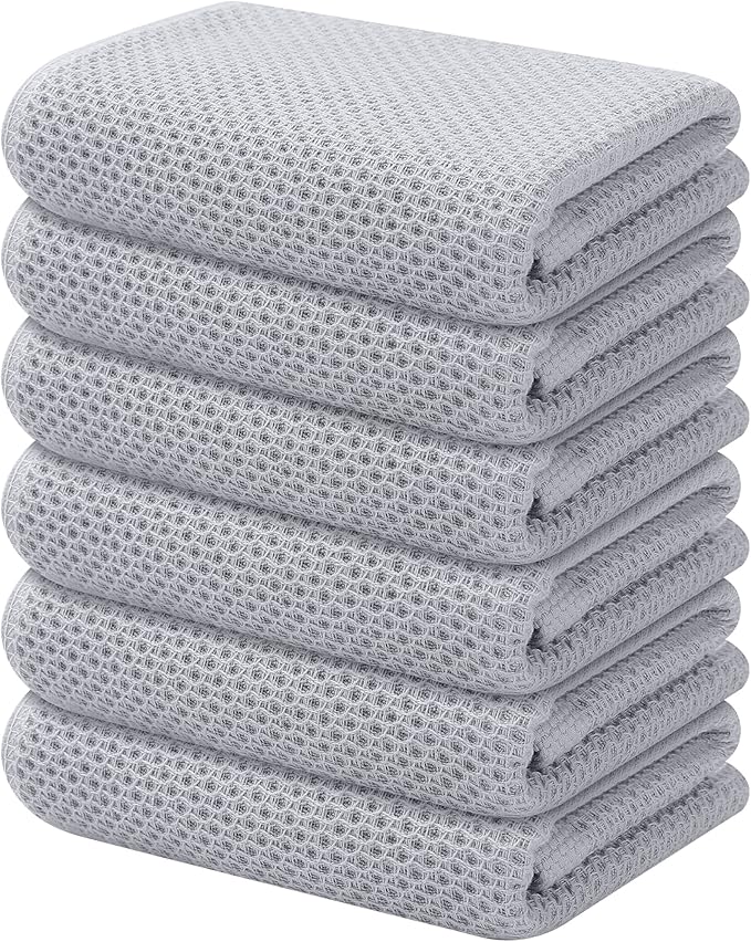 Kitinjoy 100% Cotton Waffle Weave Kitchen Towels, 6-Pack Super Soft and Absorbent Dish Towels for Drying Dishes, Kitchen Hand Towels, 13 in x 28 in, Light Grey