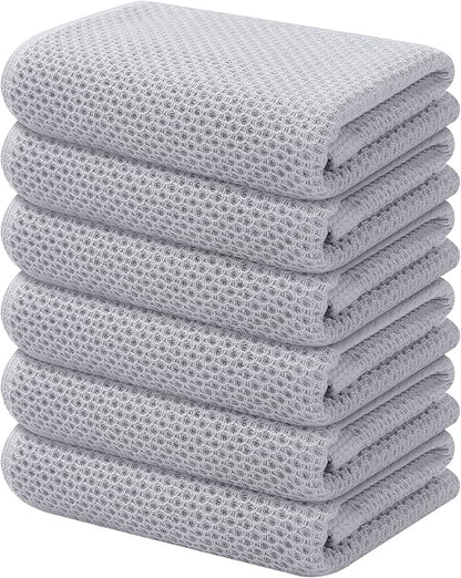 Kitinjoy 100% Cotton Waffle Weave Kitchen Towels, 6-Pack Super Soft and Absorbent Dish Towels for Drying Dishes, Kitchen Hand Towels, 13 in x 28 in, Light Grey