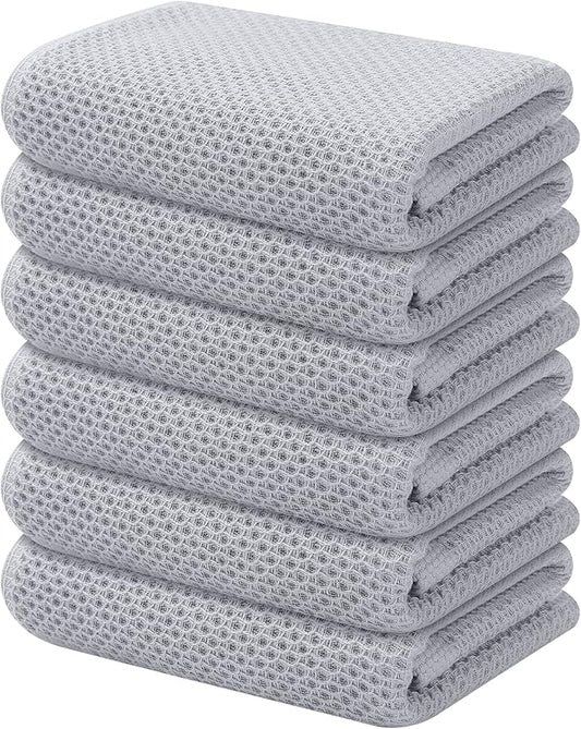Kitinjoy 100% Cotton Waffle Weave Kitchen Towels, 6-Pack Super Soft and Absorbent Dish Towels for Drying Dishes, Kitchen Hand Towels, 13 in x 28 in, Light Grey