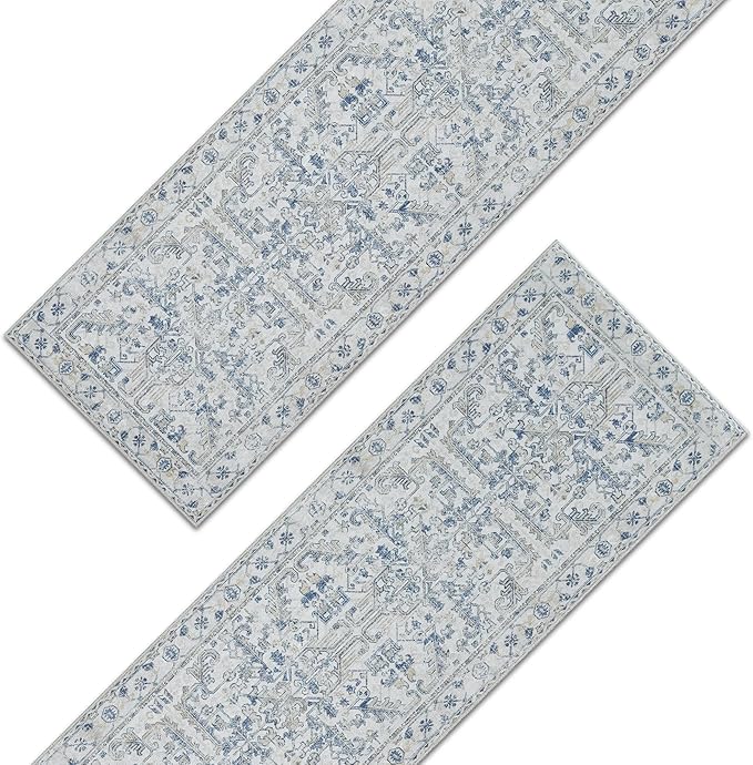 jinchan Kitchen Runner Rug 2x6-2pcs,Vintage Hallway Rug Washable Floral Non Slip with Rubber Backing Soft Carpet Runner for Bedroom Laundry Room Living Room Blue
